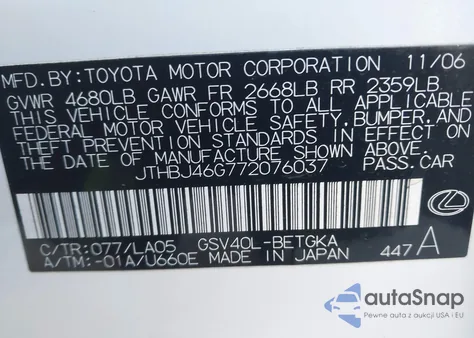 2007 Lexus Es 350 from USA, damaged, VIN JTHBJ46G772076037